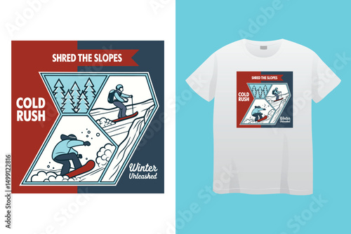 High-Speed Snowboarding in Snow-Covered Forest – Action Sports Design, Stylish Winter Athlete Snowboarding – Retro Vector Graphic for Apparel.