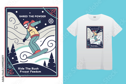 High-Speed Snowboarding in Snow-Covered Forest – Action Sports Design, Stylish Winter Athlete Snowboarding – Retro Vector Graphic for Apparel.