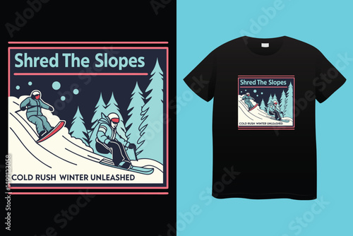 High-Speed Snowboarding in Snow-Covered Forest – Action Sports Design, Stylish Winter Athlete Snowboarding – Retro Vector Graphic for Apparel.