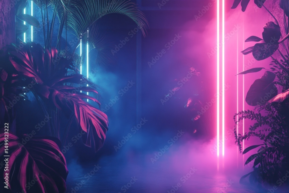Fototapeta premium Neon Dreamscape: Tropical Plants Illuminated by Vibrant Pink and Blue Lights