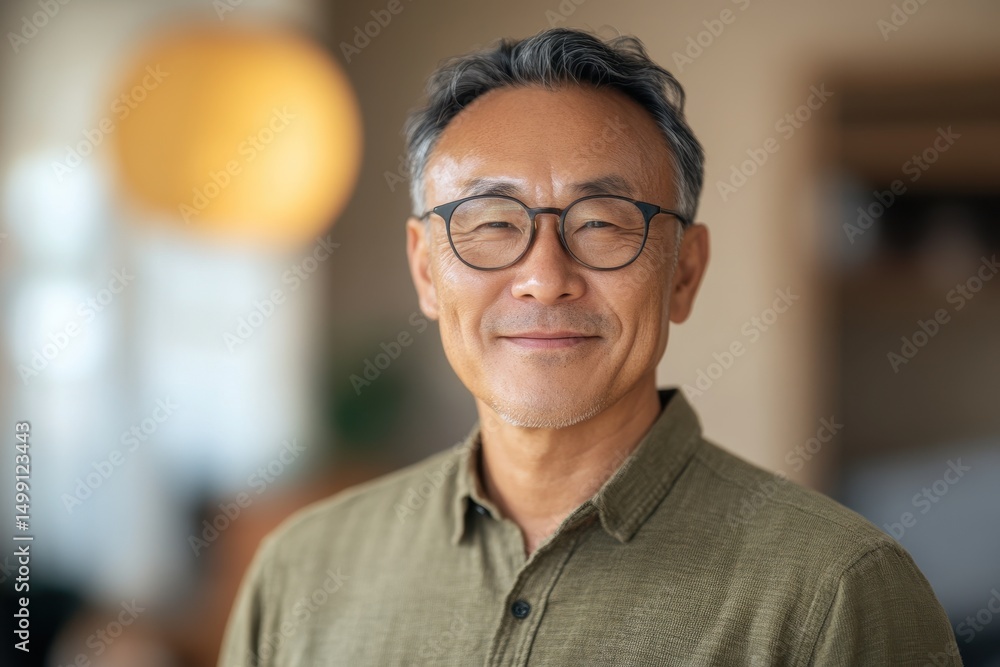 Confident smiling asian man in glasses stands in a modern indoor setting with warm lighting during the day Confident smiling asian man in glasses stands in a modern indoor setting with warm lighting during the day
