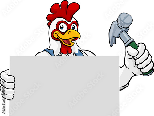 A chicken or rooster handyman or carpenter cartoon construction man mascot character holding a hammer tool