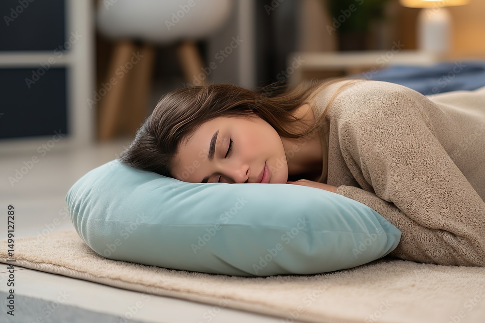 Comfort-focused sleep setup featuring young female using air-filled cushion and neutral-toned floor mat in residential space, illustrating ergonomic rest concepts Comfort-focused sleep setup featuring young female using air-filled cushion and neutral-toned floor mat in residential space, illustrating ergonomic rest concepts