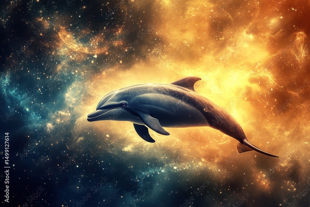 Fototapeta premium Dolphin gracefully swimming through a vibrant cosmic landscape filled with swirling galaxies and radiant colors