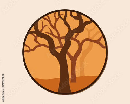 Silhouette of trees in the woods within circular frame, vector illustration