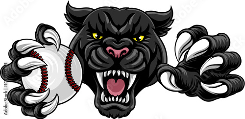 Black panther leopard or jaguar cat baseball sports team mascot holding a ball