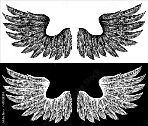 Eagle, angel or similar wings in a tattoo illustration vintage woodcut etching style