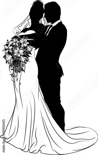 Bride and groom couple silh...