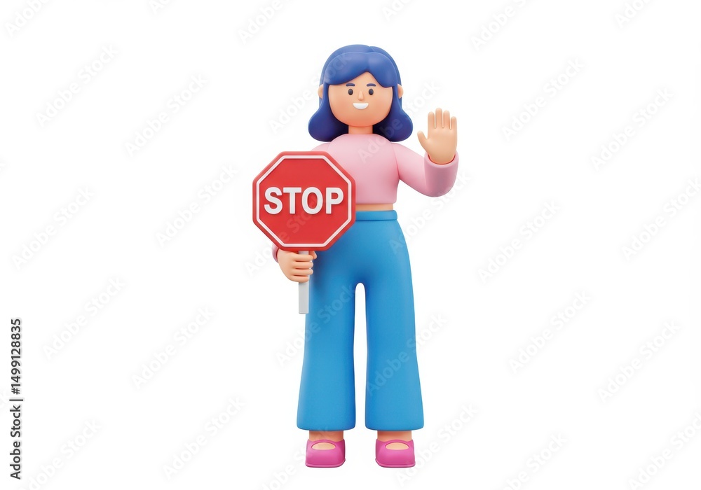 Fototapeta premium 3D Illustration of Cartoon woman holding a stop sign isolated on white background