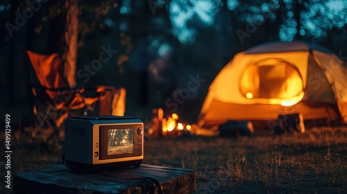 A creative image of luxury camping amenities like a portable projector for outdoor movies.