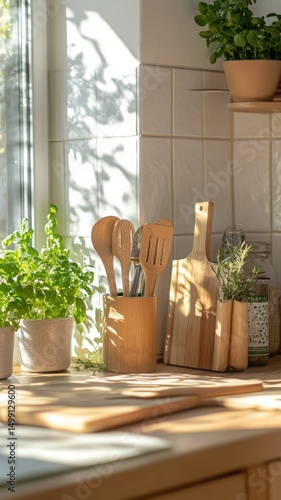 Clean, modern kitchen with wooden accents, sustainable utensils, and vibrant herbs displayed for a fresh and eco-conscious vibe.