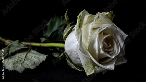 Close-up of a single white rose on a black background, symbolizing mourning and remembrance, slightly wilted to emphasize the somber theme.