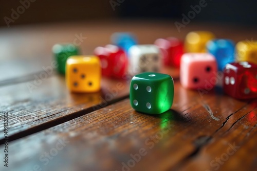 Close-up of several colorful dice scattered on a wooden table , hazard, strategy, dice