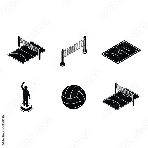 A dynamic volleyball match captured in isometric vector icons showcasing teamwork and athletic