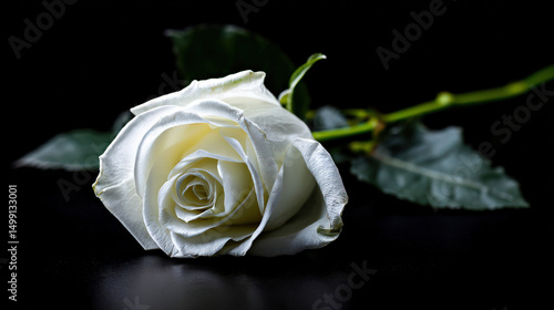 Close-up of a single white rose on a black background, symbolizing mourning and remembrance, slightly wilted to emphasize the somber theme.