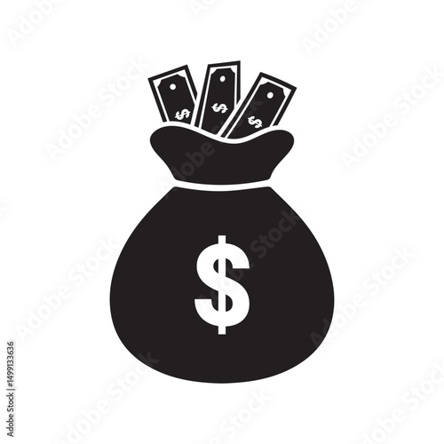 Money bag icon with dollar symbol. Black flat silhouette for finance, Business, Banking, and investment concepts