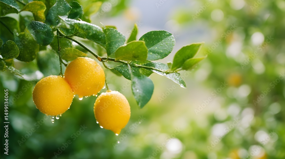 Close-up view of fresh ripe lemons with sparkling water droplets glistening in sunlight, showcasing vibrant yellow color against lush green foliage Close-up view of fresh ripe lemons with sparkling water droplets glistening in sunlight, showcasing vibrant yellow color against lush green foliage