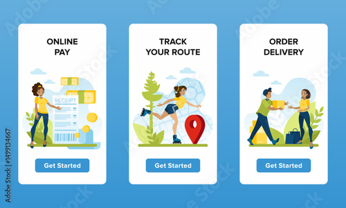 Pay online. Order the delivery. Track your route. Vector image for the development of your business using mobile applications. A set of flat-style illustrations for a smartphone