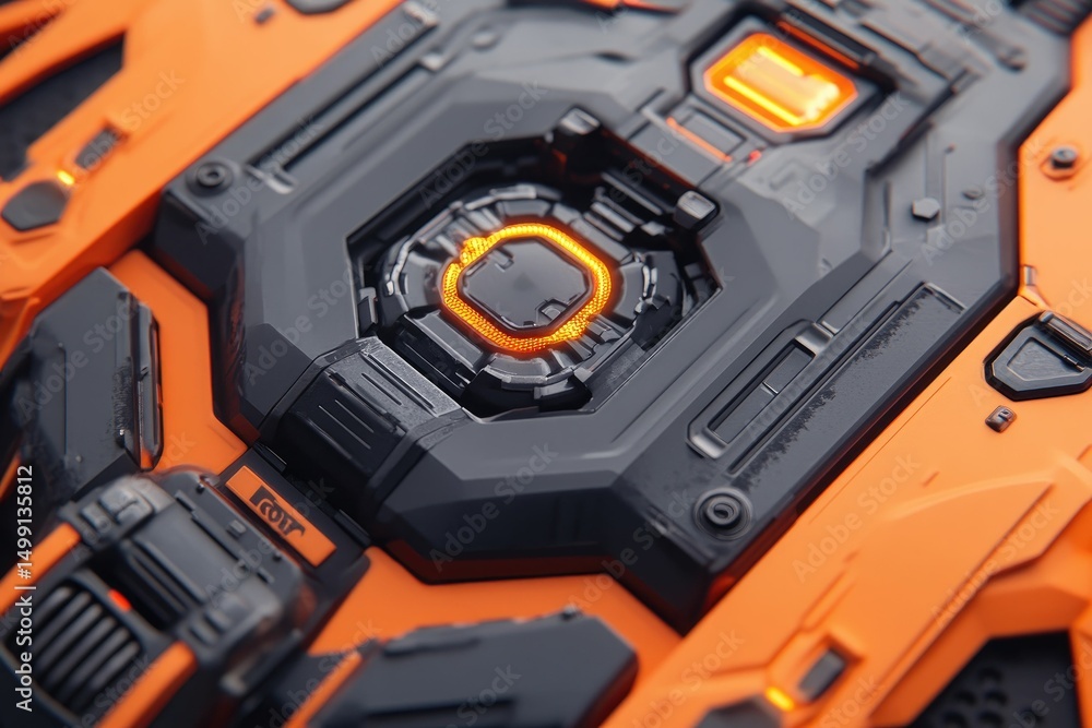 Close-up of futuristic orange and black device panel with glowing central core Close-up of futuristic orange and black device panel with glowing central core