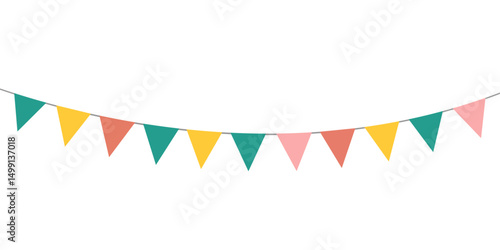 Colorful bunting flags on string for birthday party decoration, holiday anniversary fabric garland design, modern festive hanging decor. Isolated. Vector illustration.
