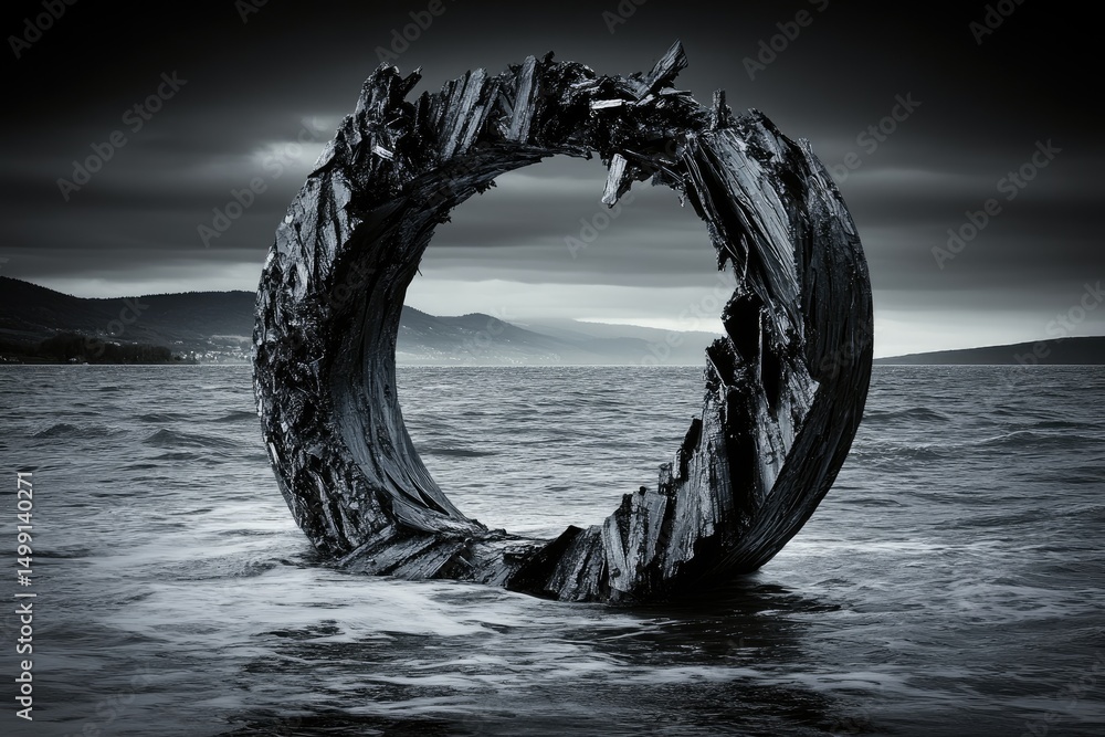 Fototapeta premium Driftwood ring in a dark seascape