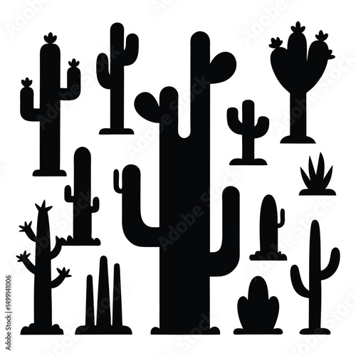 Cactus desert silhouettes set, large pack of vector silhouette on white background 