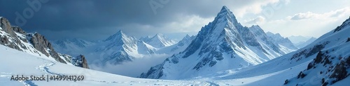 Wallpaper Mural Jagged, snow-covered mountain peaks pierce a stormy sky; a stark and unforgiving landscape  The wind howls unseen, shaping the frozen terrain into a brutal masterpiece ,  majestic,  high altitude Torontodigital.ca