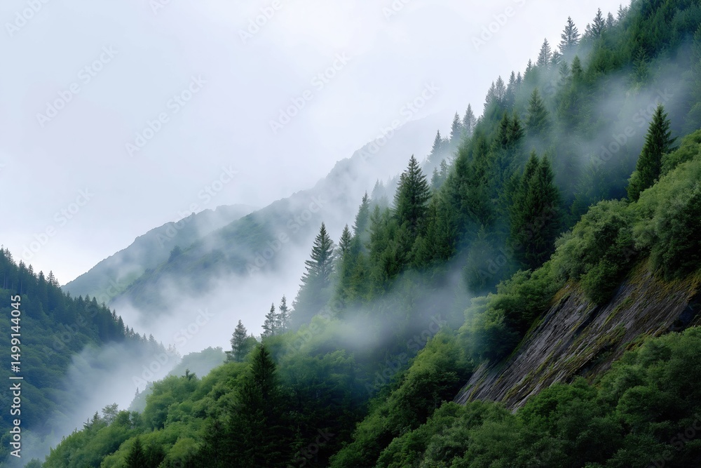 Obraz premium A misty mountain covered in trees. The foggy atmosphere gives the scene a serene and peaceful mood. The trees are lush and green, creating a sense of tranquility and harmony with nature