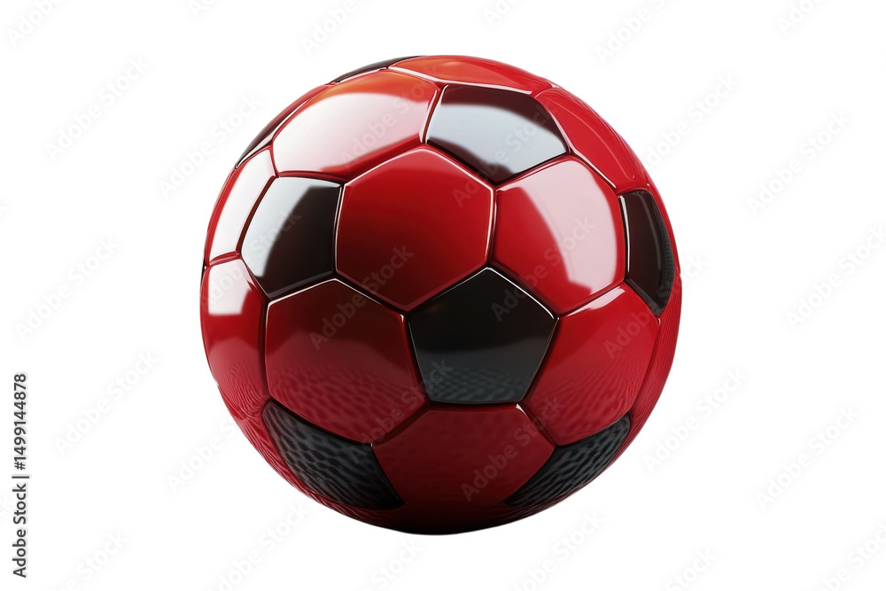 Naklejka premium Glossy red soccer ball PNG, classic football with black panels, sports equipment icon for game, training, club branding isolated on Transparent Background