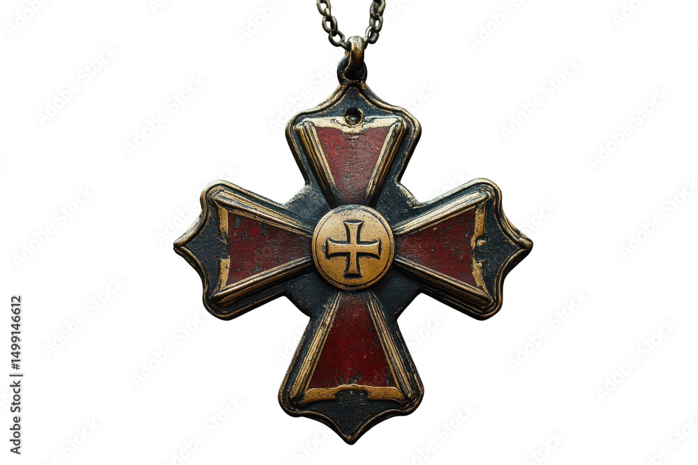 Naklejka premium Antique Cross Pendant Religious Symbol Ancient Ornament with Golden Details and Red Enamel on transparent background