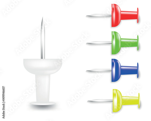 set colour office pushpins needles on white background