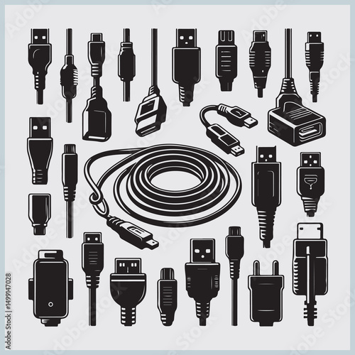 Electronic cables, computer connectors, tech accessories, USB plugs, black silhouettes