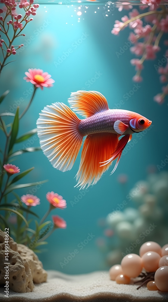 A vibrant betta fish swimming gracefully in a beautifully designed aquarium with artistic decorations, soft lighting, and pastel colors. A vibrant betta fish swimming gracefully in a beautifully designed aquarium with artistic decorations, soft lighting, and pastel colors.