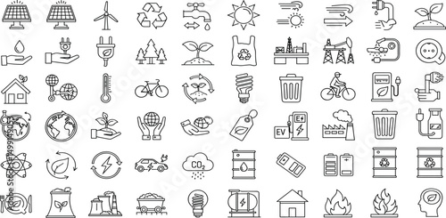 Energy and Ecology Line Editable Icons set. Vector illustration in modern thin line style of eco related icons: protection, planet care, natural recycling power.