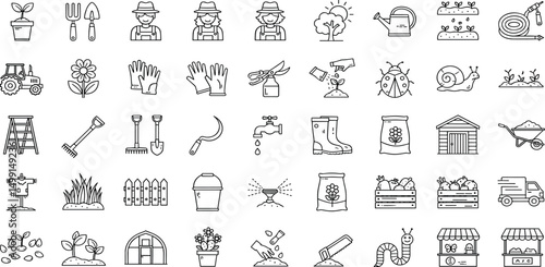 Gardening Line Editable Icons set. Vector illustration in modern thin line style of horticultural icons: soil quality, care and stages of plant cultivation, and more.