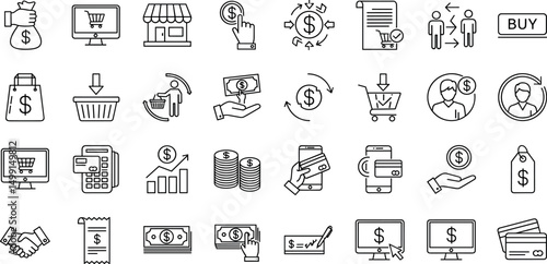Purchase icon set. Containing pay, buy, payment, order, shop, price, spend, receipt, product, money, credit card, QR code, shopping and more. Editable line icons.