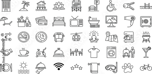 Resort icon set. Containing travel, tourism, hotel, beach, wellness, landscape, hotel service, vacation and more. Editable line icons.