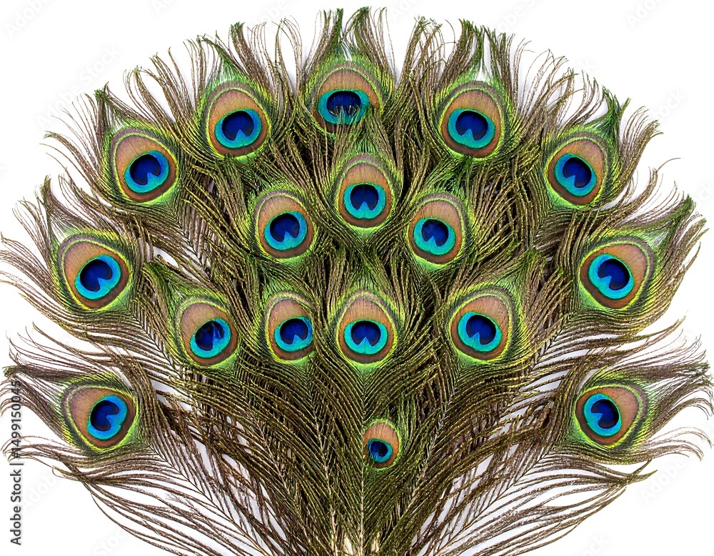 Obraz premium Detailed macro shot of bird feathers arranged in a fan shape. Each feather displays intricate patterns of blue green and brown colors against a white background