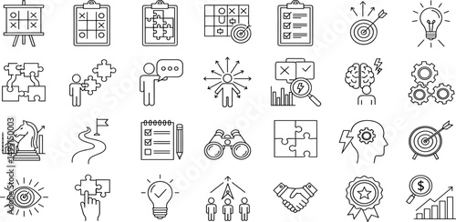 Strategy icon set. Business related line icons: goal, vision, plan, roadmap, teamwork, organization, finance, marketing, startup, research, solution and more