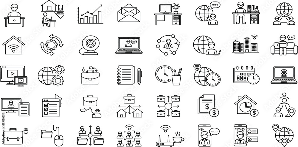 Working from home icon set. Containing remote working, freelance, hybrid work, digital nomad, office, work at home and more. Editable line icons. Working from home icon set. Containing remote working, freelance, hybrid work, digital nomad, office, work at home and more. Editable line icons.
