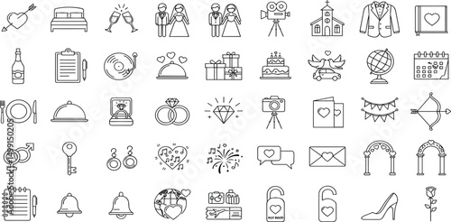 Wedding icon set. Celebration related icons: marriage, party, love, rings, wedding car, Church, ceremony, photo, dinner, bouquet, tuxedo, dress and more. Editable line icons.