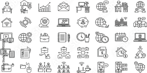Working from home icon set. Containing remote working, freelance, hybrid work, digital nomad, office, work at home and more. Editable line icons.