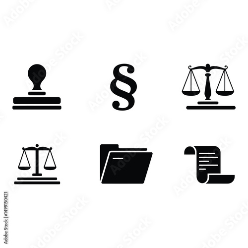 Justice Prevails Six Symbolic Icons Representing Law Order and Legal Processes in High Contrast