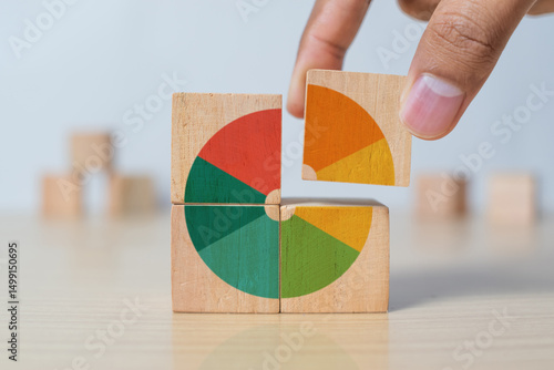 Market share, business opportunity, market growth, increase market share or business concept. Businessman grabs a piece of wooden blocks with pie chart graphic