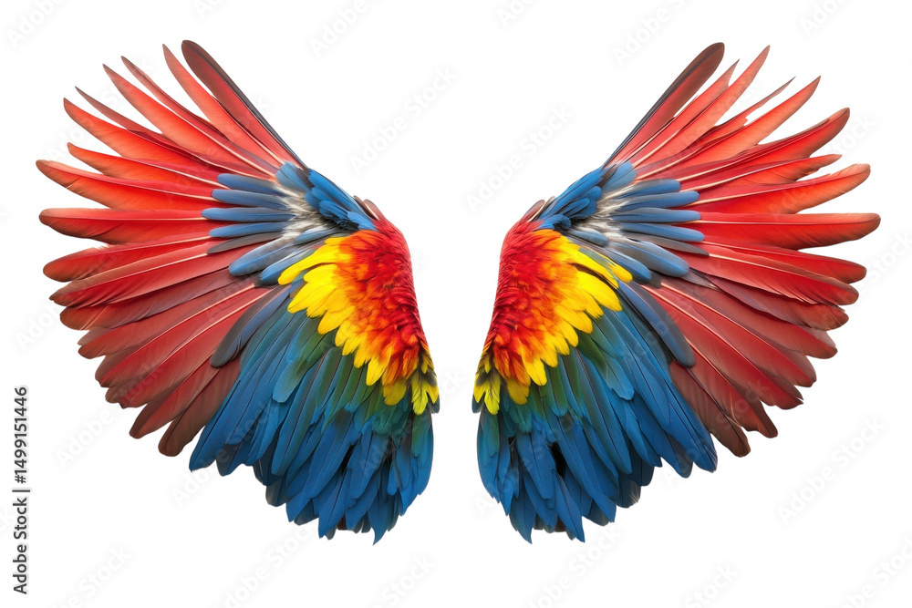 Fototapeta premium Vibrant macaw wings PNG, colorful tropical bird feather spread. Symmetrical parrot wing illustration for design isolated on Transparent Background