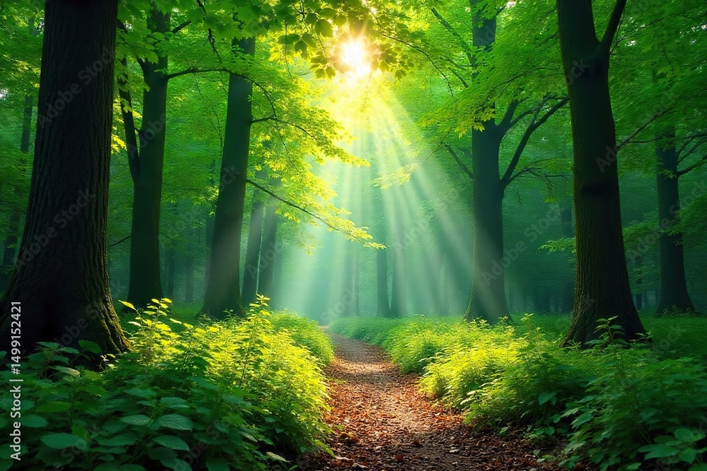 Obraz premium Serene forest scene with dappled sunlight filtering through lush green canopy, creating a magical atmosphere Perfect for nature, travel, or environmental themes , picture, beauty, image