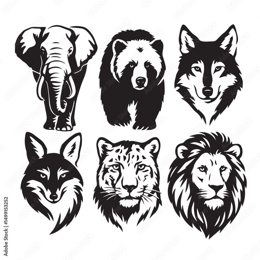 Wild Animals Silhouette Set – Tiger, Lion, Wolf, Bear, Fox, Elephant, Leopard in Black and White Style Wild Animals Silhouette Set – Tiger, Lion, Wolf, Bear, Fox, Elephant, Leopard in Black and White Style