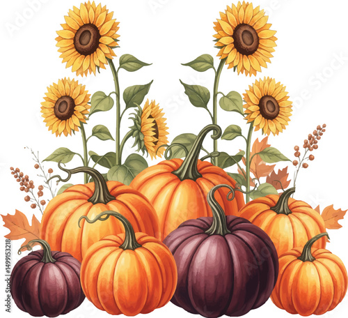 Autumn Harvest with Pumpkins and Sunflowers, Pumpkins and Sunflowers Illustration