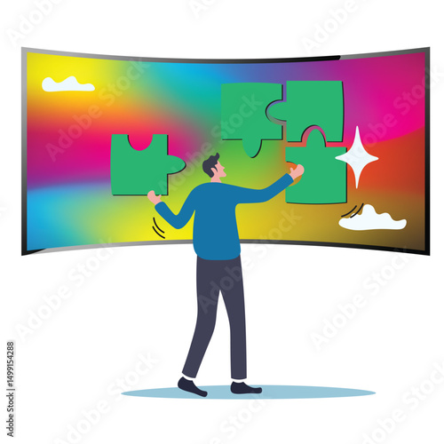 Solve puzzle problem, think of solution, finish or accomplishment, creativity idea or challenge, connect jigsaw piece to resolve work or business trouble, complete jigsaw puzzle.