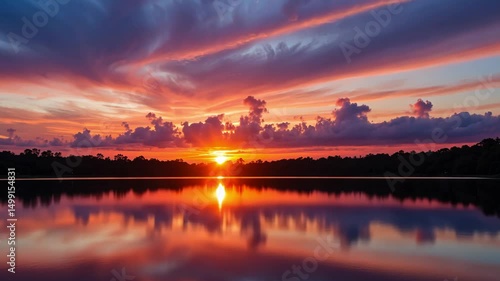 Wallpaper Mural Beautiful sunset over calm lake reflecting colorful sky and clouds, captured during golden hour in peaceful nature showing serenity, evening landscape and outdoor scenic beauty. Torontodigital.ca